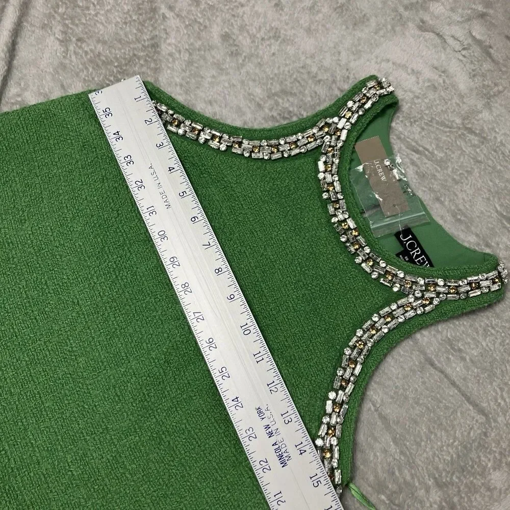 J Crew Tweed Tank Womens 00 Green Embellished Rhinestone Sleeveless CQ189